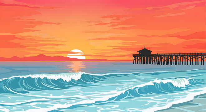 Serene Sunset Ocean Pier Calm Waves Distant Horizon