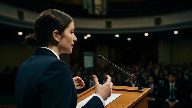 Confident woman speaks at podium in auditorium, Leadership presentation, Business conference, Law, Politics, Graduation ceremony, Speech. Effective communication, Public speaking success