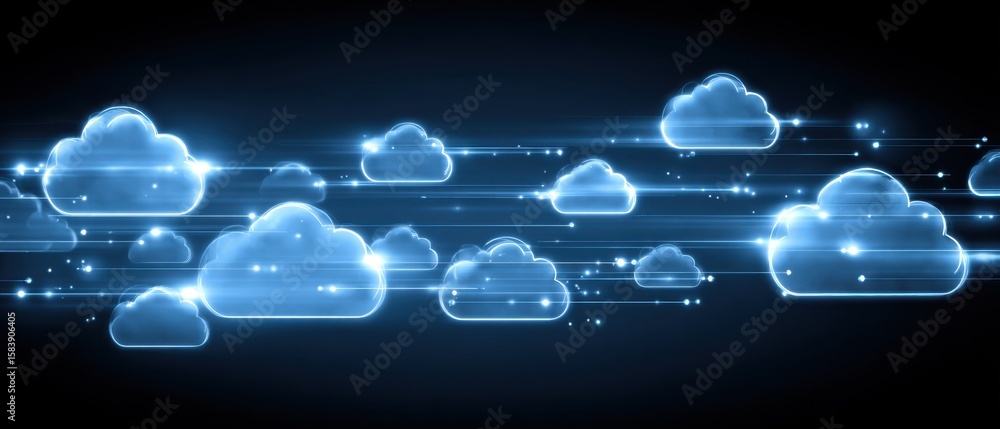 Poster a digital background with blue and white cloud icons connected by glowing lines, representing the po
