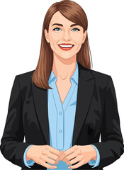 Smiling professional businesswoman in a black suit and blue shirt with hands clasped