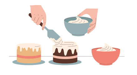 Hands Decorating Cake with Frosting. Illustrative Process of Baking and Dessert Preparation. Sweet Confectionery Art.