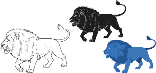 Three stylized lions in different artistic styles and colors on a white background