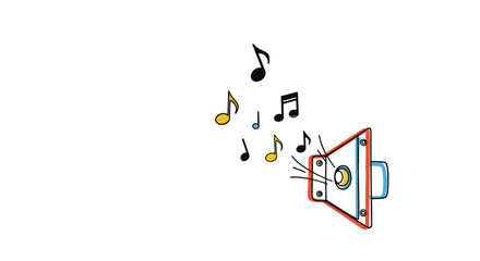 Hand-drawn megaphone broadcasting musical notes. Simple doodle illustration of sound, music, and communication concept.