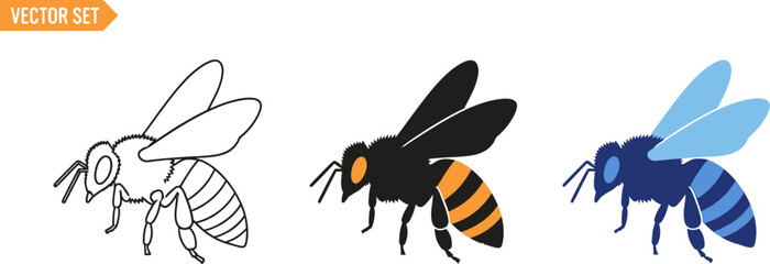 Set of three stylized bee illustrations in outline flat and gradient styles