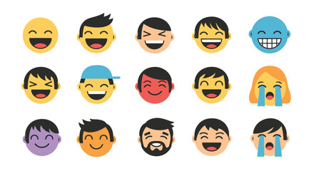 Diverse Cartoon Faces Vector Collection: Happy, Laughing, and Crying Emojis Expressing Various Emotions and Moods