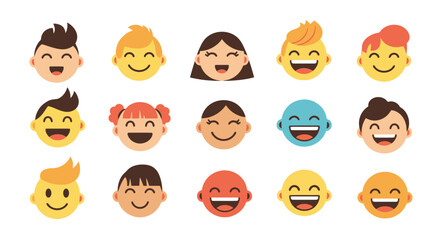 Set of diverse happy cartoon faces and laughing emoji illustrations, joyful children and youth expressions