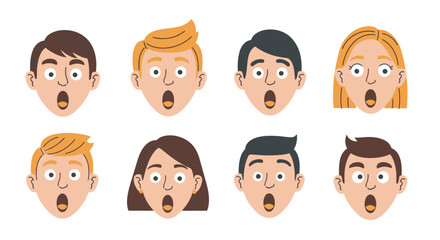 Surprised Cartoon Faces Avatars Set. Diverse People Expressing Shock and Awe. Flat Vector Illustration.