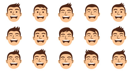 Fototapeta premium Collection of happy cartoon male faces with diverse hairstyles. Smiling vector avatars for user profiles, expressing joy and positive emotions.