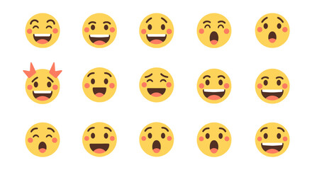 Fototapeta premium Emotional yellow emoji collection: Happy, laughing, surprised, and playful facial expressions
