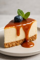 Close-up of a caramel cheesecake slice with peanut crust, topped with salted caramel sauce, fresh blueberry, and mint leaf on a ceramic plate. High detail, natural lighting, realistic food photography