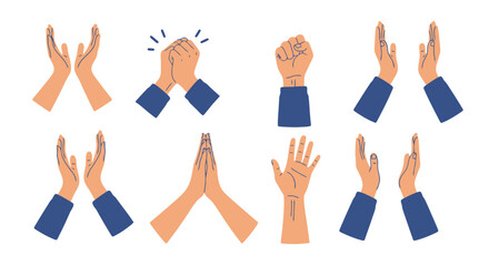 Obraz premium Diverse Hand Gestures Set: Clapping, Fist, Open Palm, and Pushing. Flat Vector Illustration for Communication and Expression.