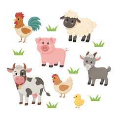 Fototapeta premium Cartoon farm animals. Cow, pig, sheep, duck, chicken, rooster, goat, chick.