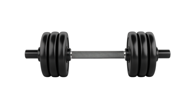 A black adjustable dumbbell with multiple weight plates on each side and a textured grip handle designed for strength training.