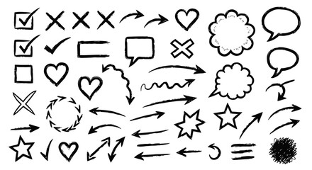 Hand-drawn Doodle Elements Set: Arrows, Checkmarks, Hearts, Stars, Speech Bubbles. Rough Sketch Style Icons and Shapes.