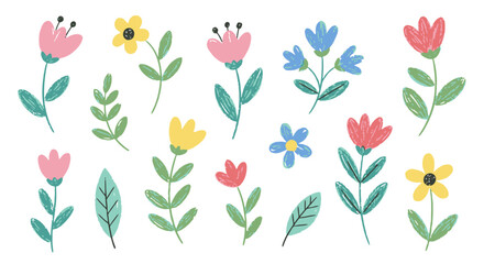 Colorful Doodle Flowers and Botanical Elements Collection for Spring Designs