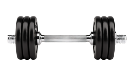 A black and silver adjustable dumbbell with three weight plates on each side and a textured grip handle.