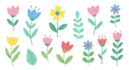 Cute Hand-Drawn Flowers and Leaves Set. Textured Pastel Floral Doodles for Spring, Nature, and Kids' Designs.