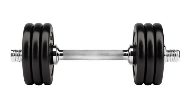 A black and silver adjustable dumbbell with three weight plates on each side and a textured grip handle.