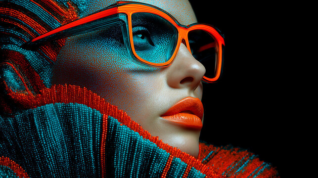 Person wearing neon glasses and reflective clothing in a futuristic style