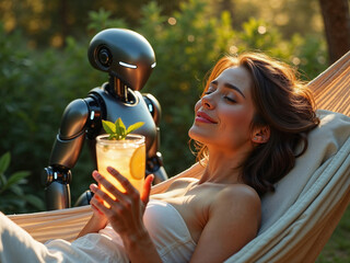 Woman relaxing having a drink in a hammock served by a robot