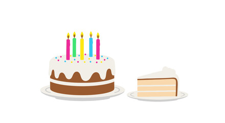 Classic Birthday Cake with Colorful Candles and a Slice, Flat Design Illustration