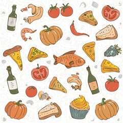 Bright illustration of pasta, croissant, cherries, and strawberries with cutlery on a checked background. Perfect for food themes, cafe menus, or culinary designs