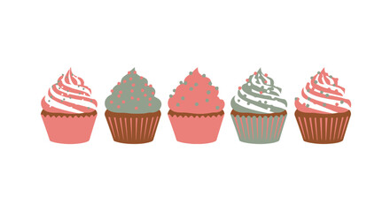 Five pastel cupcakes in a row with pink and teal frosting and sprinkles. Isolated dessert illustration for bakery, party, or sweet treats.