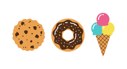 Sweet Desserts Collection: Cookie, Donut, and Ice Cream Cone Isolated Flat Vector Illustration