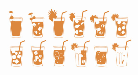 Refreshing Summer Drinks & Cocktails Icon Set. Minimalist Line Art Beverage Collection with Ice & Garnishes.