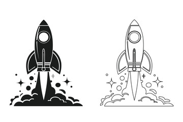 Vintage space rocket launch silhouette with stars and smoke trail