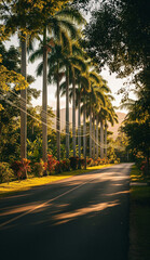 Fototapeta premium Bright morning at a straight rural road lined with green trees
