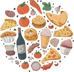 Bright illustration of pasta, croissant, cherries, and strawberries with cutlery on a checked background. Perfect for food themes, cafe menus, or culinary designs