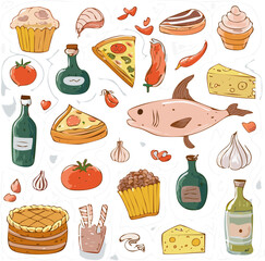 Detailed illustration of Italian cuisine with fish, cheese, pasta, pizza, wine, and delicacies. Ideal for menus, packaging, or culinary advertising