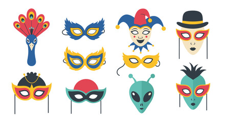 Diverse vector masks for carnival, masquerade, and party celebrations. Colorful flat illustration set on white background.