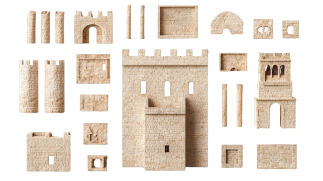 A collection of beige stone castle wall and tower elements arranged in a grid, featuring arches, battlements, and windows with a medieval architectural style.