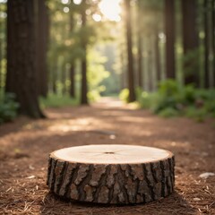 Naklejka premium Product presentation template. A close-up shot of a tree stump in a forest.