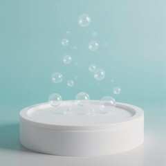 Product presentation template. A white platform with clear bubbles floating in the air