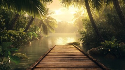 Wooden dock, tropic setting.