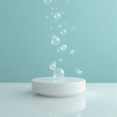 Product presentation template. A white round object on a table with bubbles in the air.