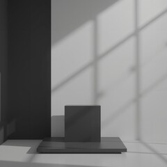 Product presentation template. A square black object on a white surface in front of a window.