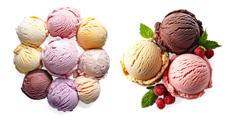 Colorful and Appetizing Variety of Ice Cream Scoops in a Circular Arrangement on Transparent background