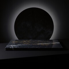 Product presentation template. A black marble table with a round black object in the background.