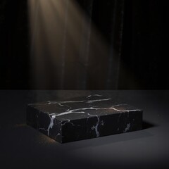 Product presentation template. A square black marble with white swirls on it.