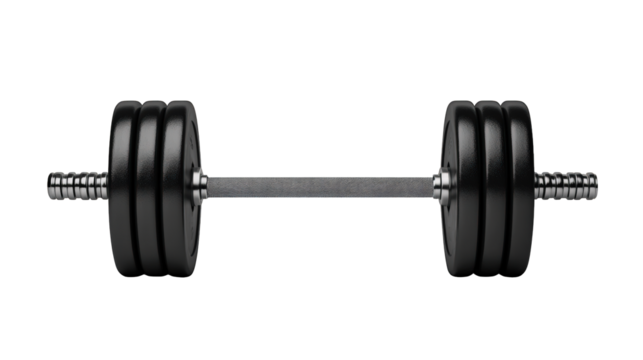 A black adjustable barbell with multiple weight plates on each side and a textured grip handle in the center.