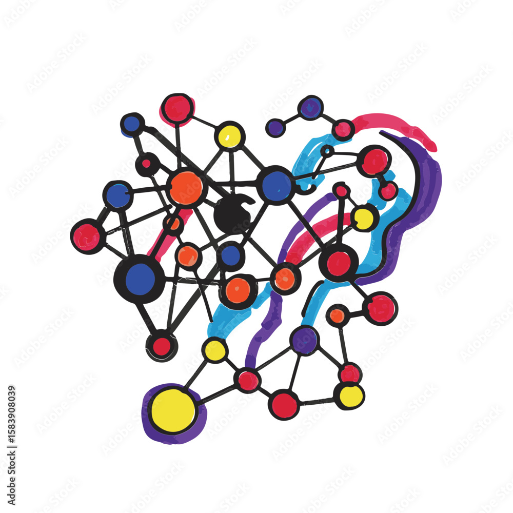 Poster abstract colorful digital illustration of a molecular or networking structure, showcasing interconne