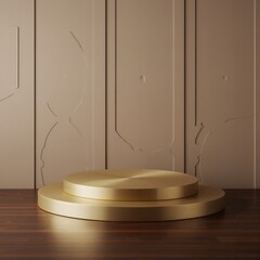 Product presentation template. A golden pedestal sits on a wooden floor in front of a beige wall.