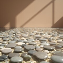 Product presentation template. A close-up view of a pebble surface on a table.