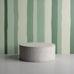 Product presentation template. A round cement cake on a table in front of a striped wall.