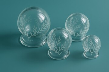 Hijama, treatment according to the Sunnah. These elegant glass cupping jars feature delicate engraved leaf patterns. Ideal for wellness and alternative therapy concepts.