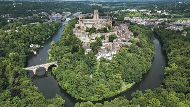City of Durham on a peninsular above the bend in the River Wear, England